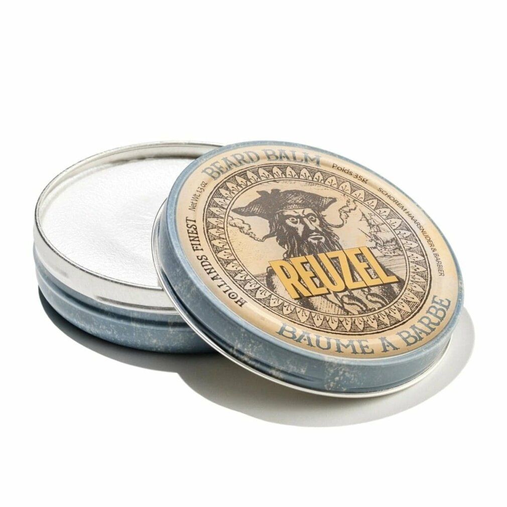 Barattolo rotondo aperto. Scritta: Beard Balm, Reuzel, Baume a Barbe. Prodotto visibile. Immagine di un marinaio.