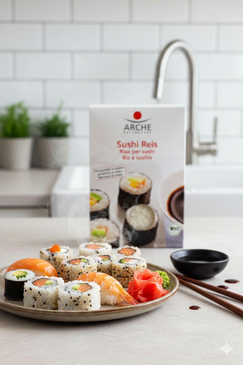 Confezione di riso per sushi Arche accanto a un piatto di sushi, gamberi, salmone e salsa di soia in una cucina.