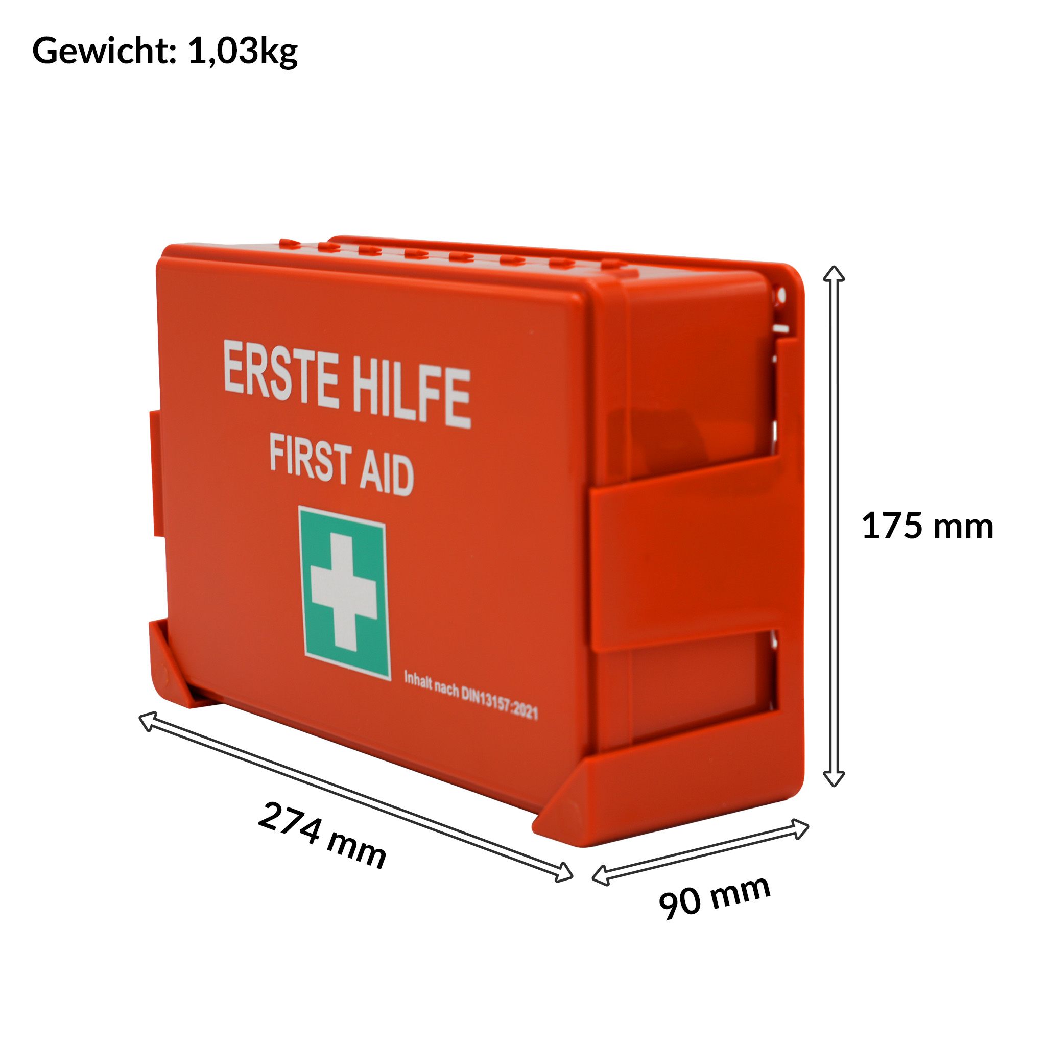 Cassetta di pronto soccorso rossa, 274x175x90mm. Peso: 1,03 kg. Scritta: Erste Hilfe/First Aid. Croce verde.