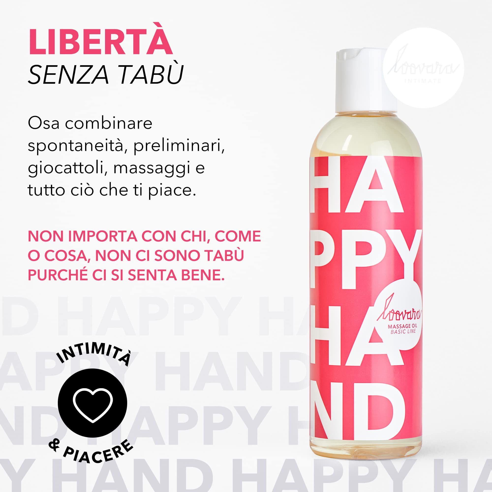 Flacone olio massaggio Loovara Happy Hand con scritta 'HAPPY HAND'.