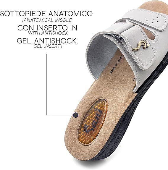Sandalo grigio chiaro con plantare anatomico e inserto in gel. Testo: "SOTTOPEDE ANATOMICO", "CON INSERTO IN GEL ANTISHOCK".