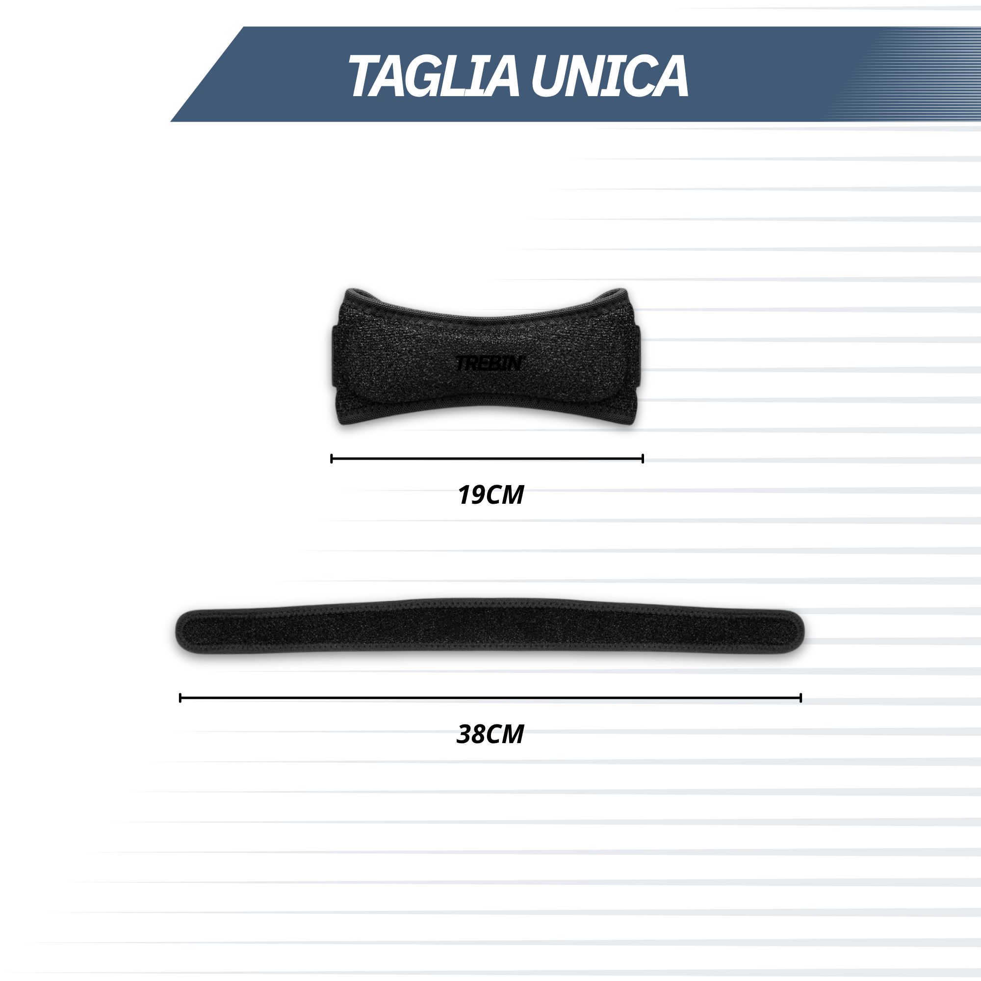 Ginocchiera nera, lunga 38cm, con chiusura in velcro e cuscinetto largo 19cm.