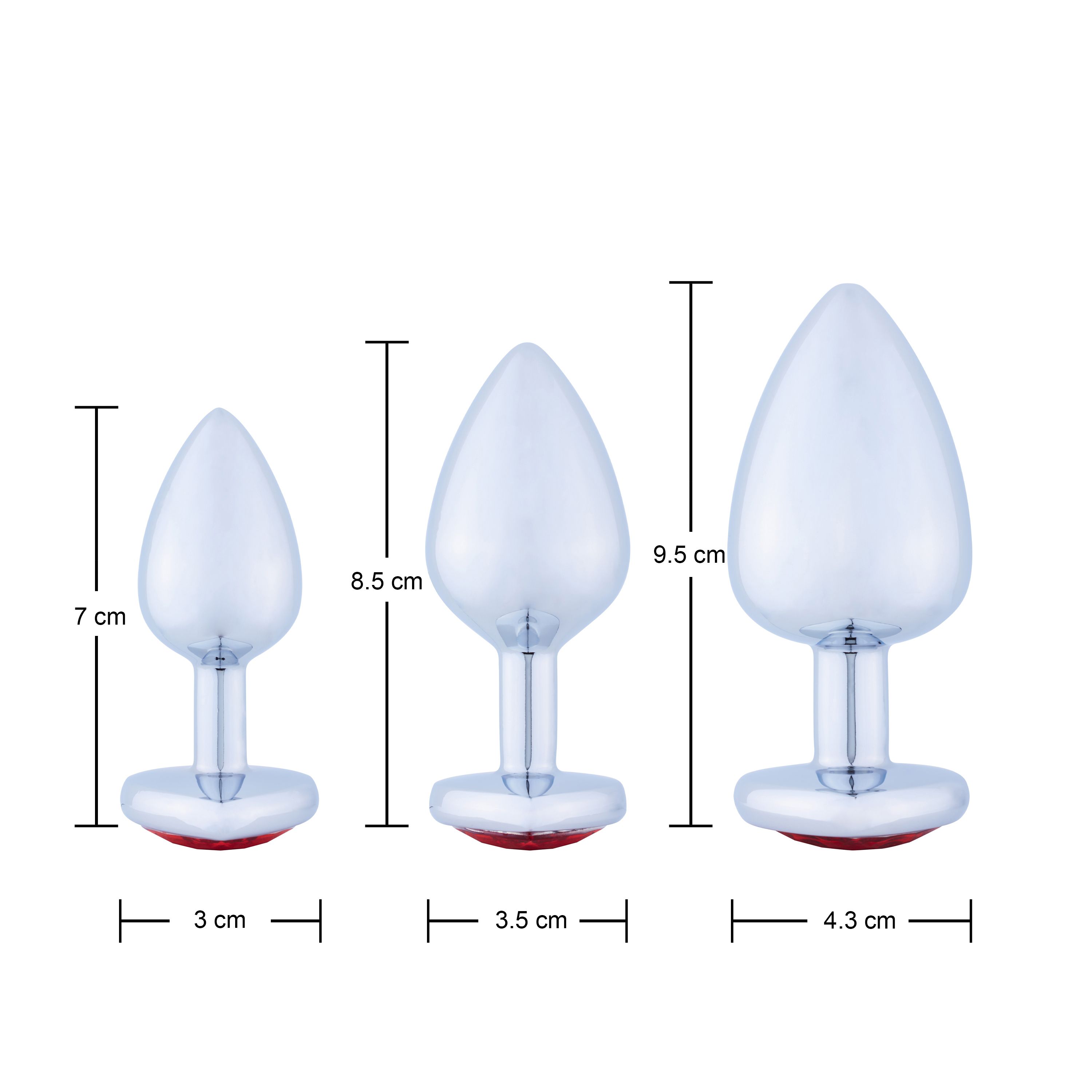 Tre plug anali metallici con dimensioni. Forma conica, base rossa.