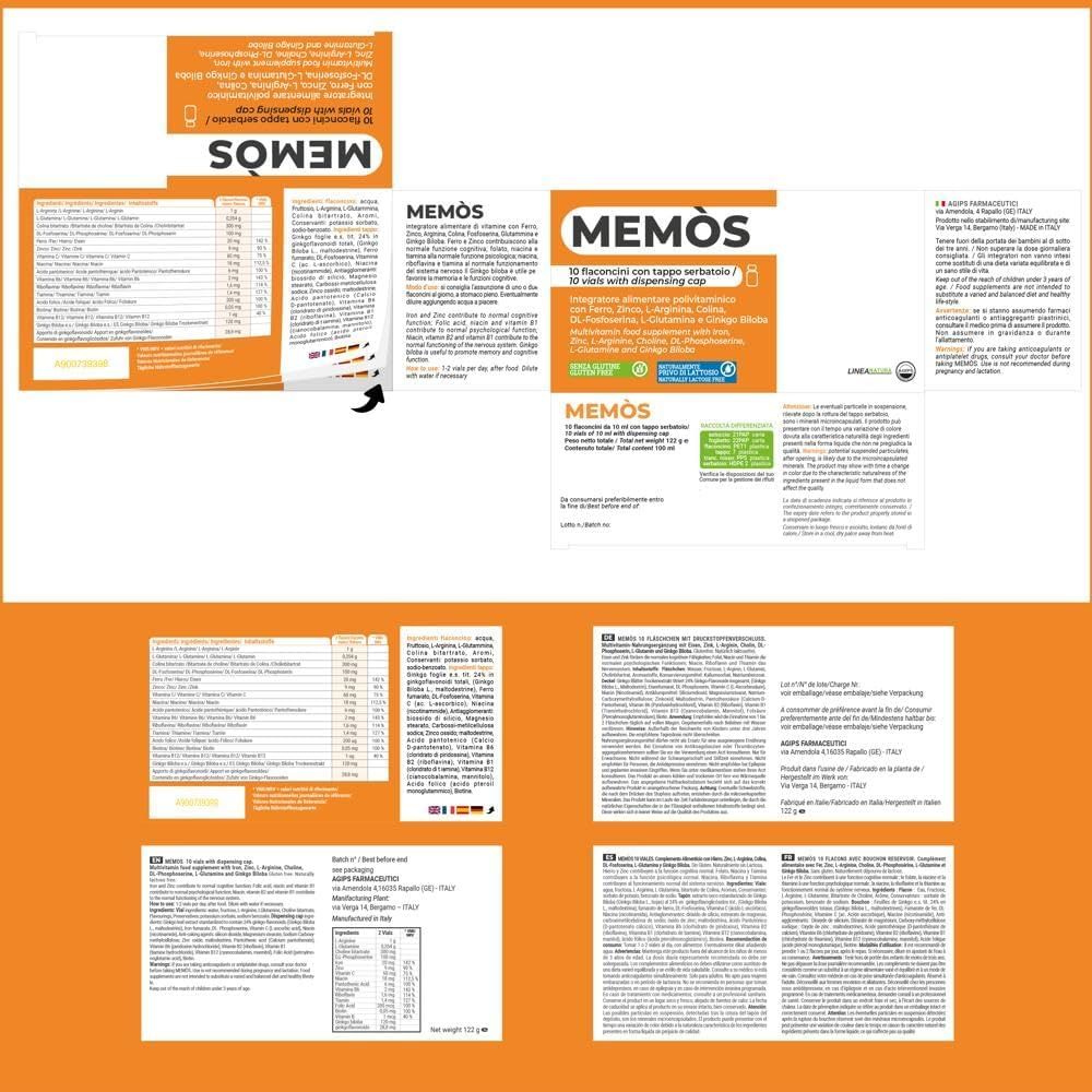 Diverse viste della confezione di Agips Memos Tabletten. Testo: Ingredienti, informazioni nutrizionali, istruzioni per l'uso.