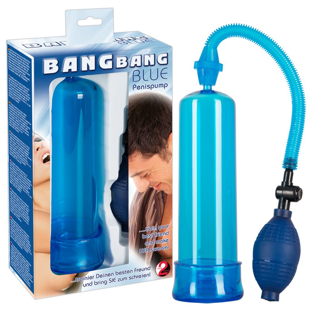 Confezione e pompa per pene. Scritta: BANG BANG BLUE. Prodotto blu. Illustrazione di una persona.