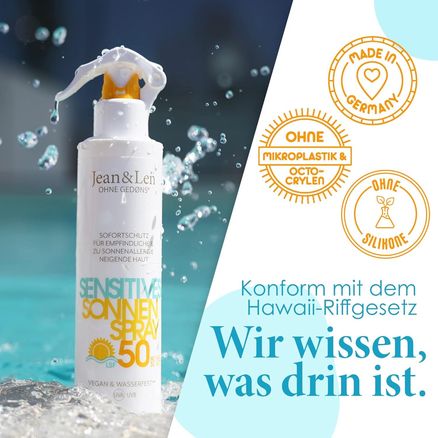 Spray solare con acqua. Loghi: Made in Germany, Senza microplastiche & Octocrylene, Senza siliconi. Testo: Sappiamo cosa c'è dentro.