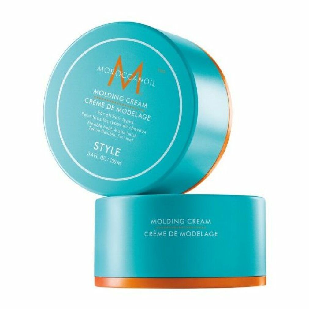 Due barattoli turchesi con coperchio bianco. Scritta: Moroccanoil Molding Cream. Bordo arancione. Testo: Style, 3.4 fl. oz. / 100 ml.