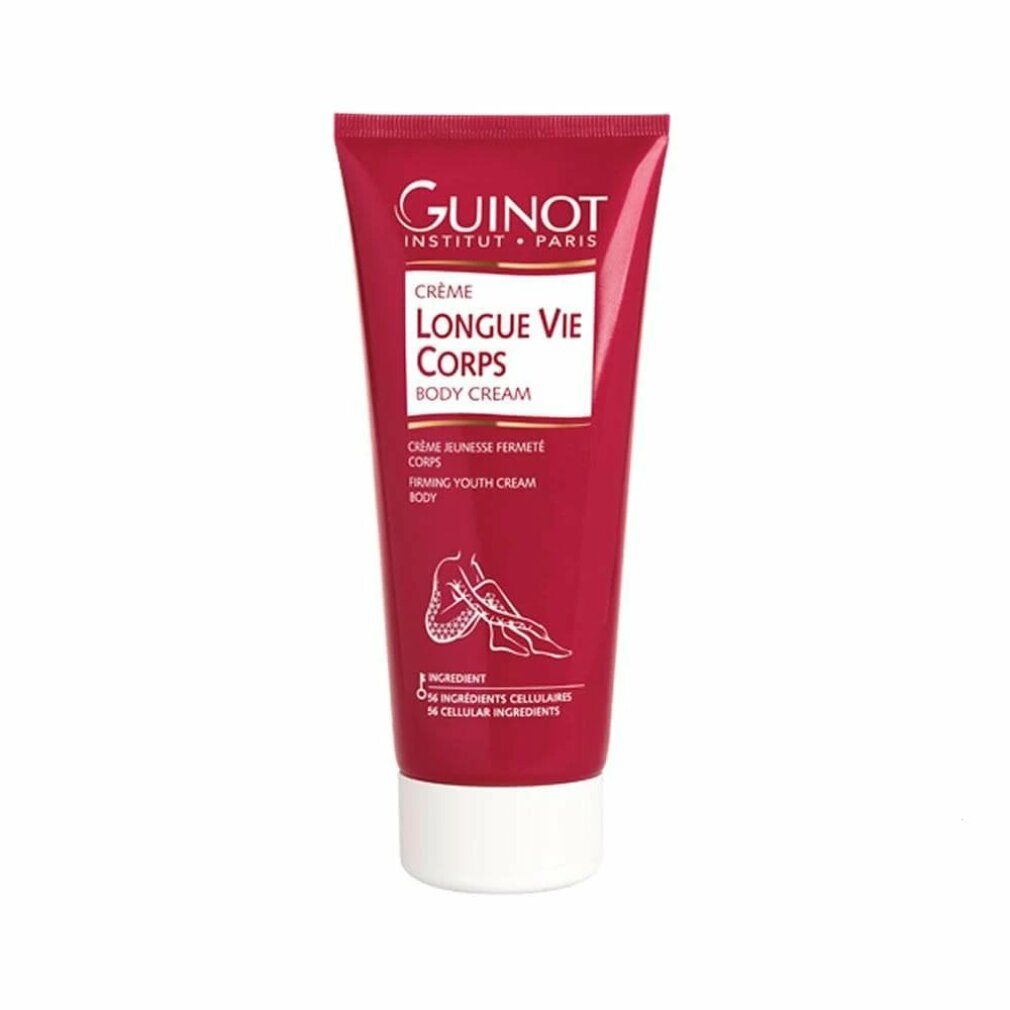 Tubo rosso con tappo bianco. Scritta: Guinot, Crème Longue Vie Corps, Body Cream. Illustrazione di una gamba.