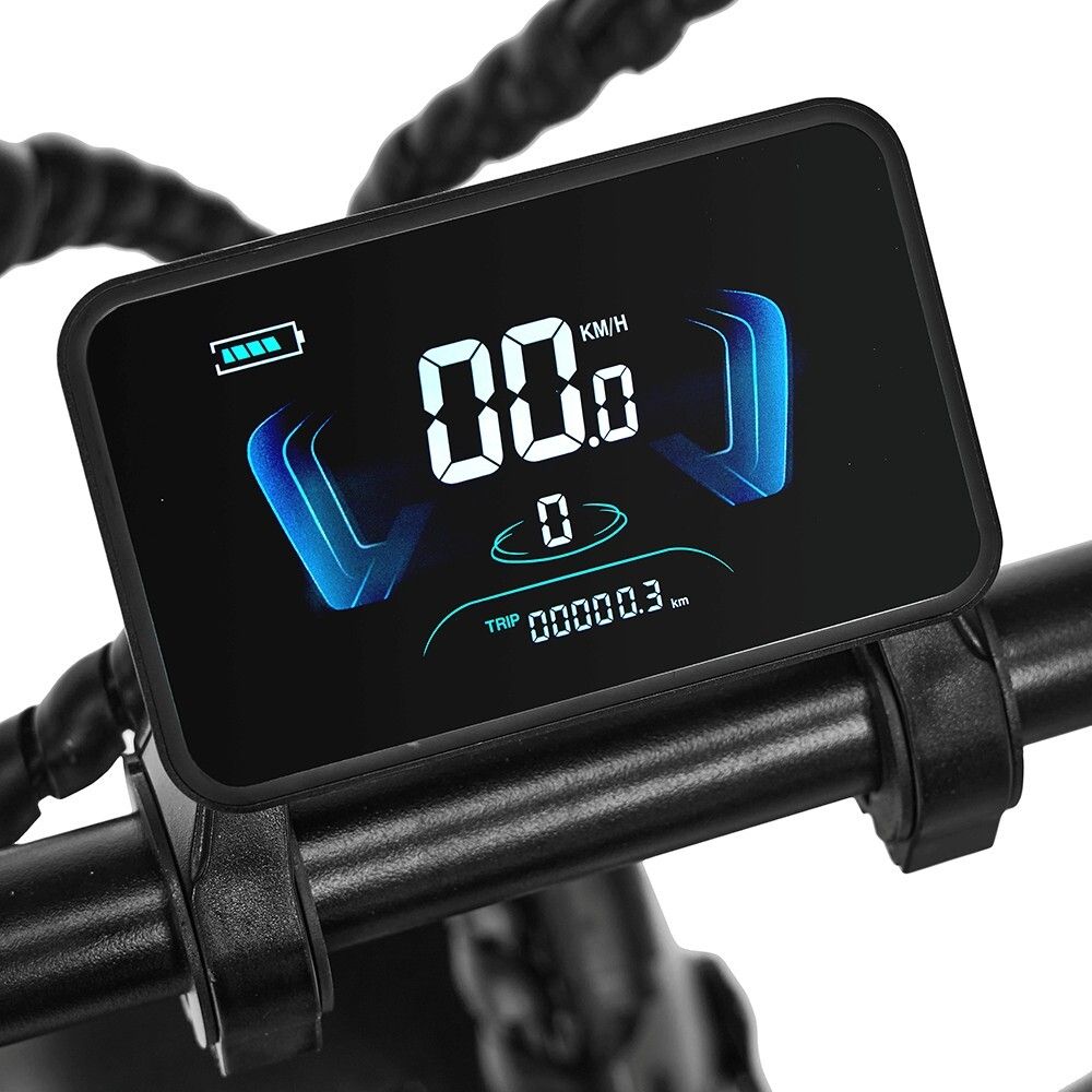 Display digitale con illuminazione blu. Mostra velocità, indicatore batteria e chilometraggio. Cornice nera.