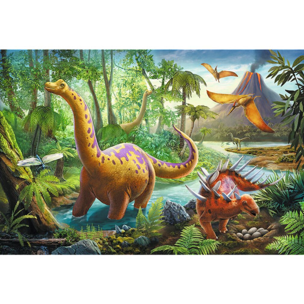 Puzzle di dinosauri. 60 pezzi. Paesaggio con dinosauri, vulcano e palme. Marchio Trefl. Per bambini dai 4 anni.