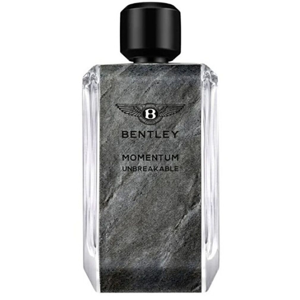 Bentley Momentum Unbreakable EdP Nat. Spray. Flacone grigio, tappo nero. Logo e testo. Forma squadrata.