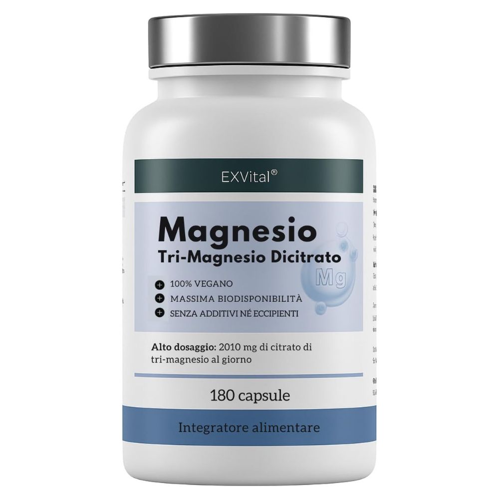 Flacone bianco con coperchio argentato. Etichetta blu con testo: EXVital, Magnesium Tri-Magnesium Dicitrat, 180 capsule, 100% vegano.
