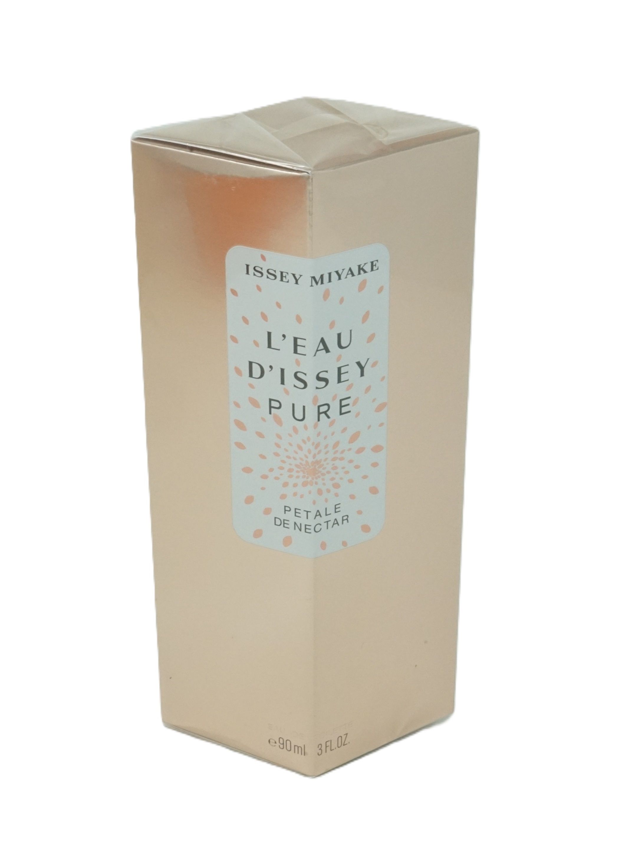 Scatola rettangolare dorata. Etichetta con testo: Issey Miyake, L'Eau d'Issey Pure, Petale de Nectar. 90ml 3 fl oz.