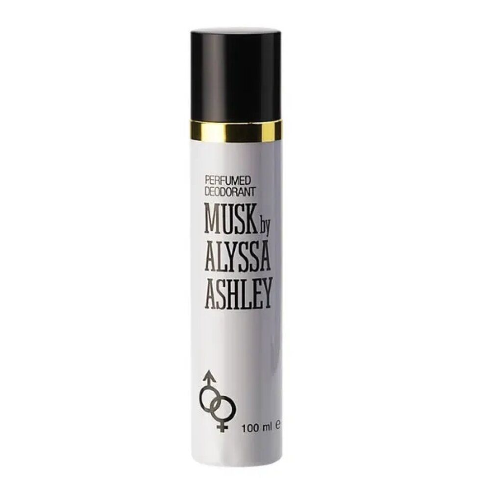 Spray deodorante bianco con tappo nero. Scritta: Musk by Alyssa Ashley. Simbolo di genere. Dettagli dorati.