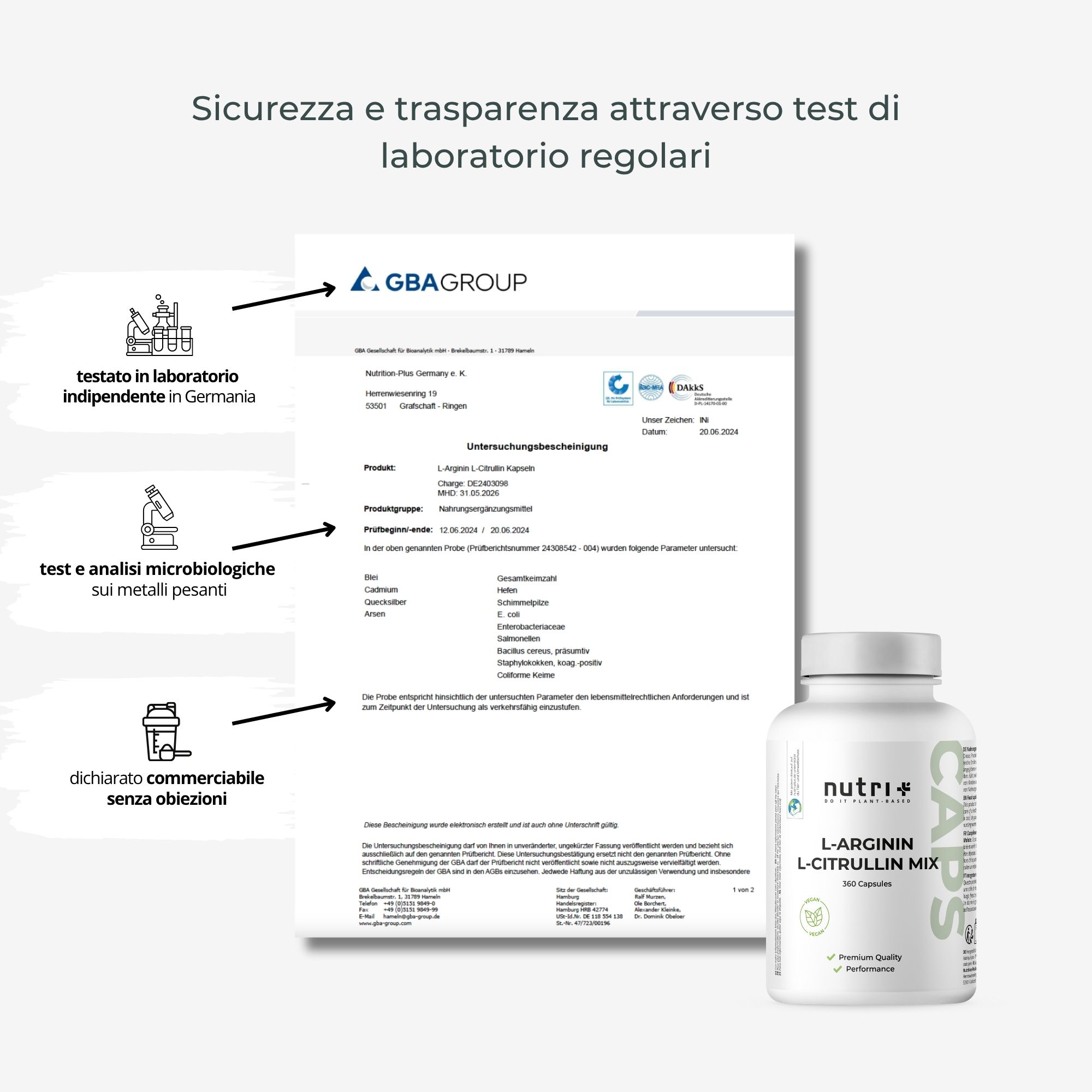 Certificato con testo. Flacone di capsule. Testo: test di laboratorio indipendente, test microbiologico, senza obiezioni.