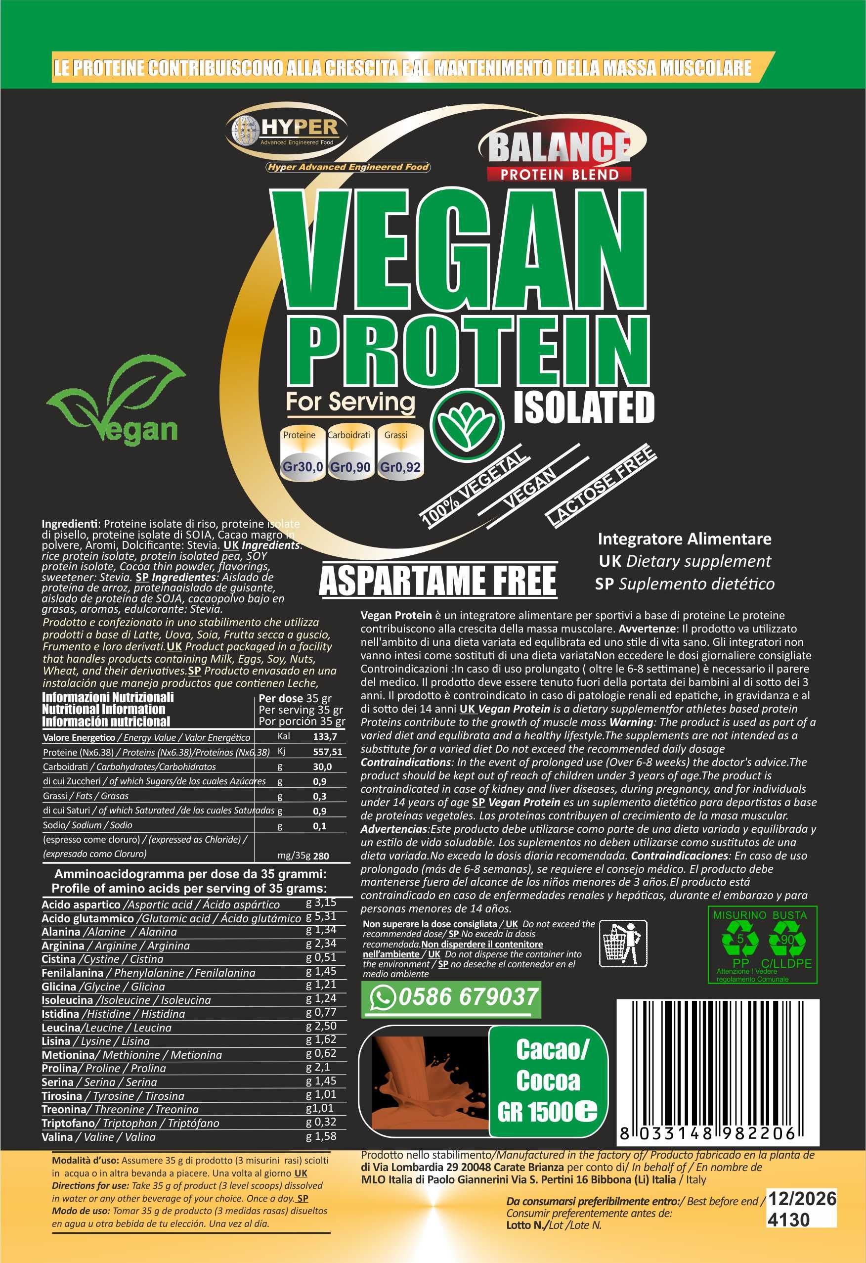 Confezione di HYPER Vegan Protein. Testo: Vegano, senza aspartame, 100% vegano, senza lattosio. Informazioni nutrizionali, profilo aminoacidico, ingredienti.