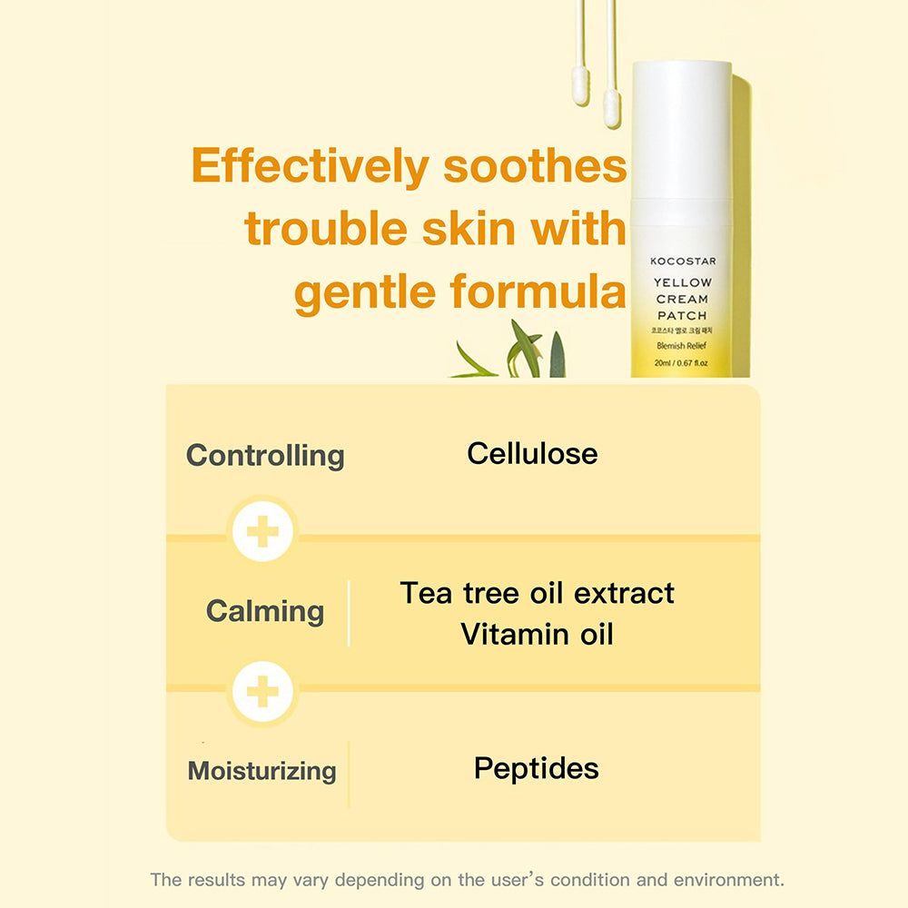 Sfondo giallo con testo e KOCOSTAR Yellow Cream Patch. Ingredienti: Cellulosa, estratto di olio di tea tree, olio di vitamina, peptidi.