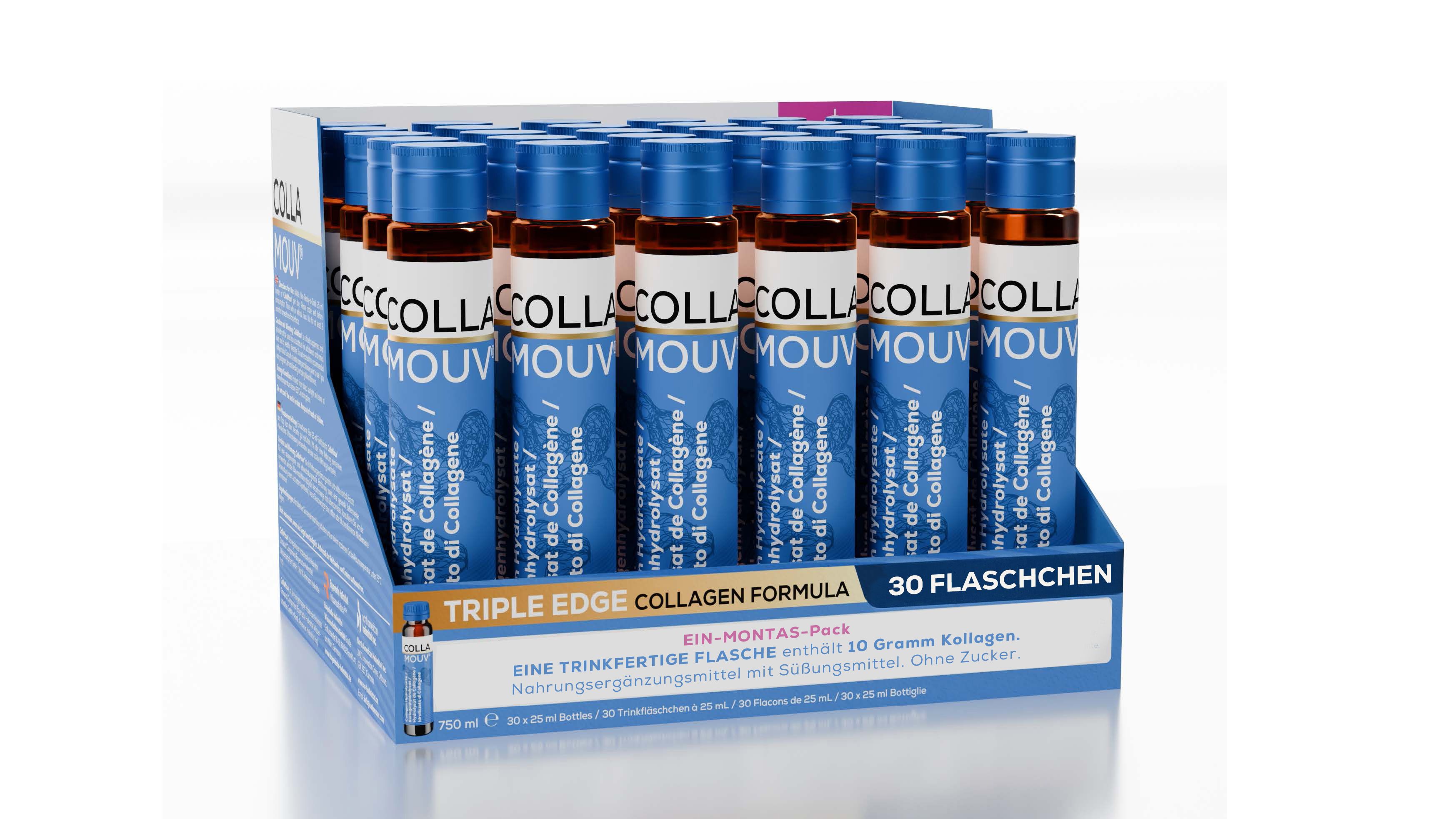 BHW Collamouv Original Collagene Idrolizzato, 30 flaconcini da bere in un espositore.