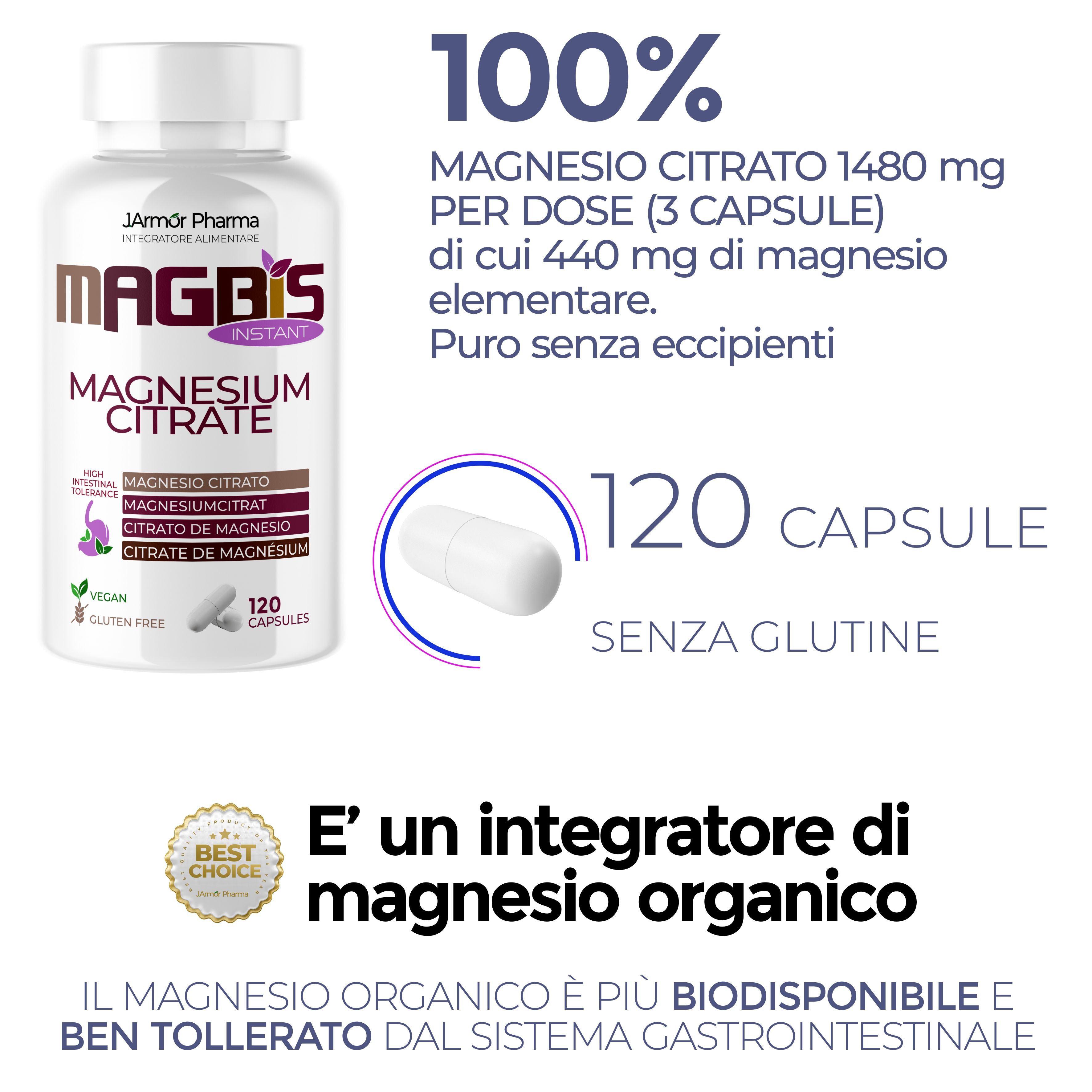 Flacone prodotto con testo: 100% citrato di magnesio, 120 capsule, senza glutine. Testo: Magnesio organico.