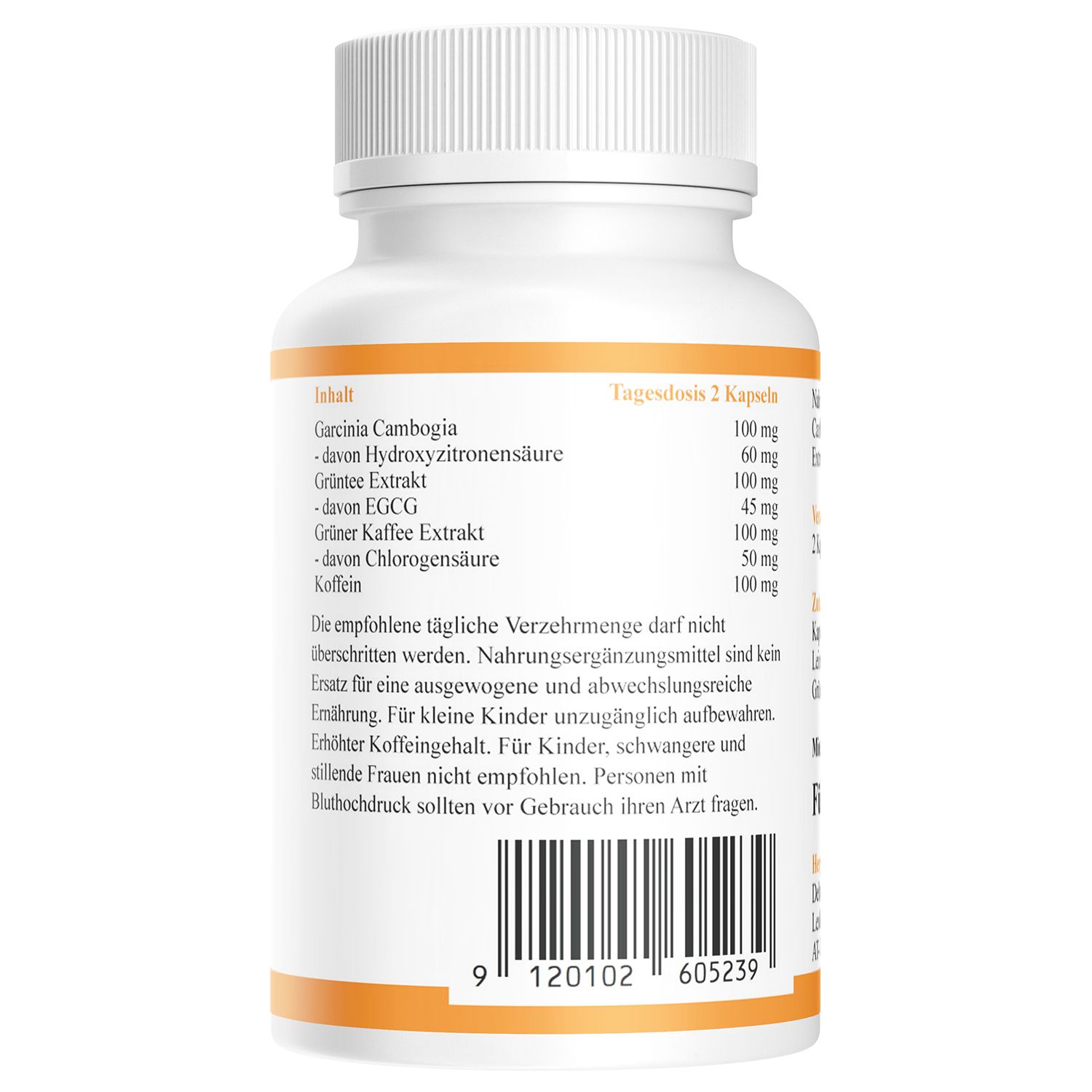 Retro di un flacone bianco. Testo: Ingredienti, dose giornaliera raccomandata, avvertenze. Codice a barre.