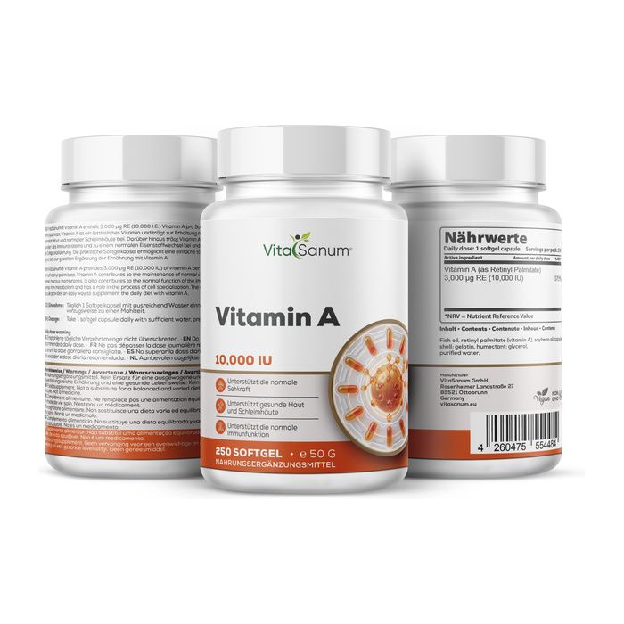 Tre flaconi di VitaSanum Vitamina A 10.000 UI, integratore alimentare, 250 capsule molli.