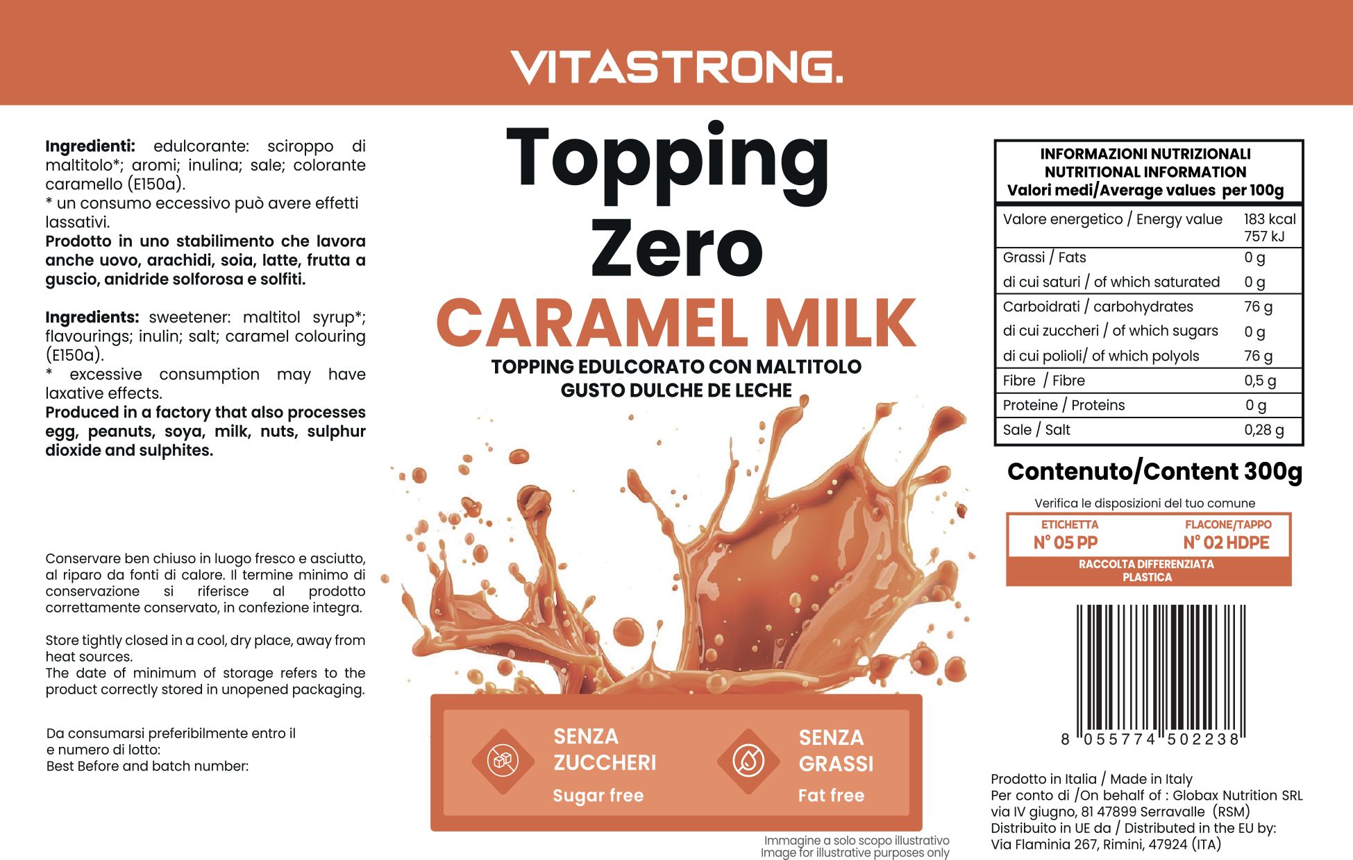 Etichetta Vitastrong Topping Zero Caramel Milk. Contiene informazioni sugli ingredienti e nutrizionali. Con scritte "senza zuccheri" e "senza grassi".