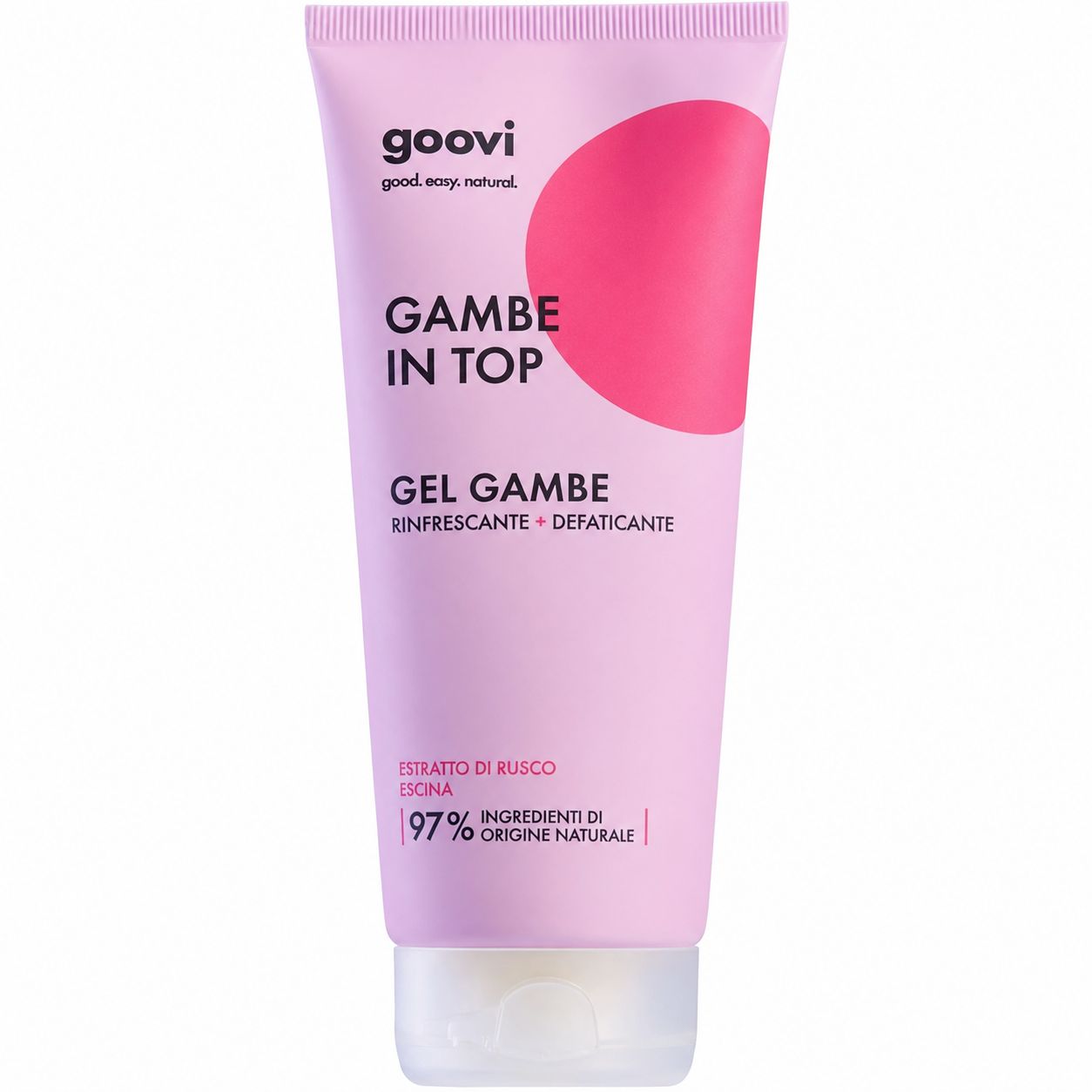 Tubo rosa GOOVI Gambe In Top Gel. Testo: Gel Gambe, 97% ingredienti naturali. Tappo bianco.