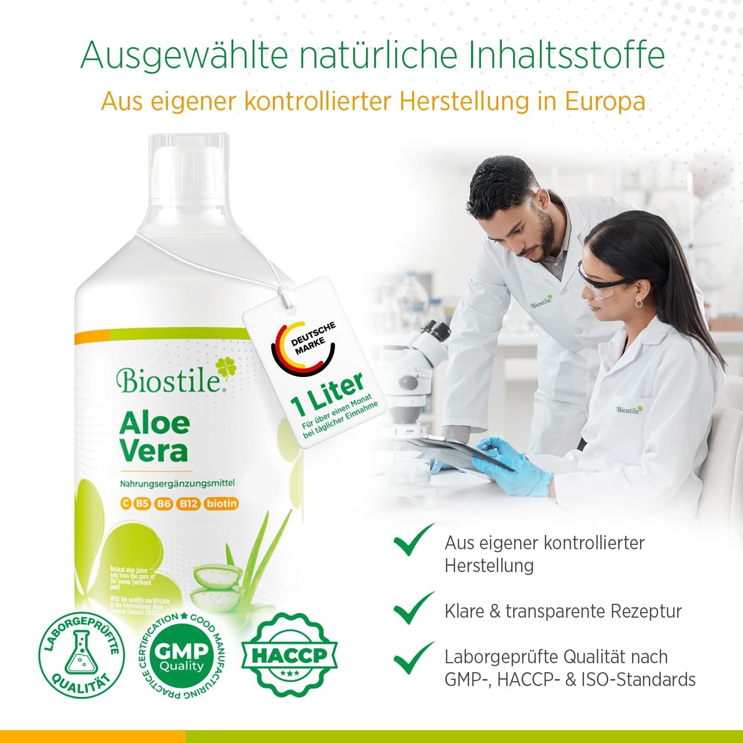 Bottiglia di succo Biostile Aloe Vera 1 litro con certificati di qualità.