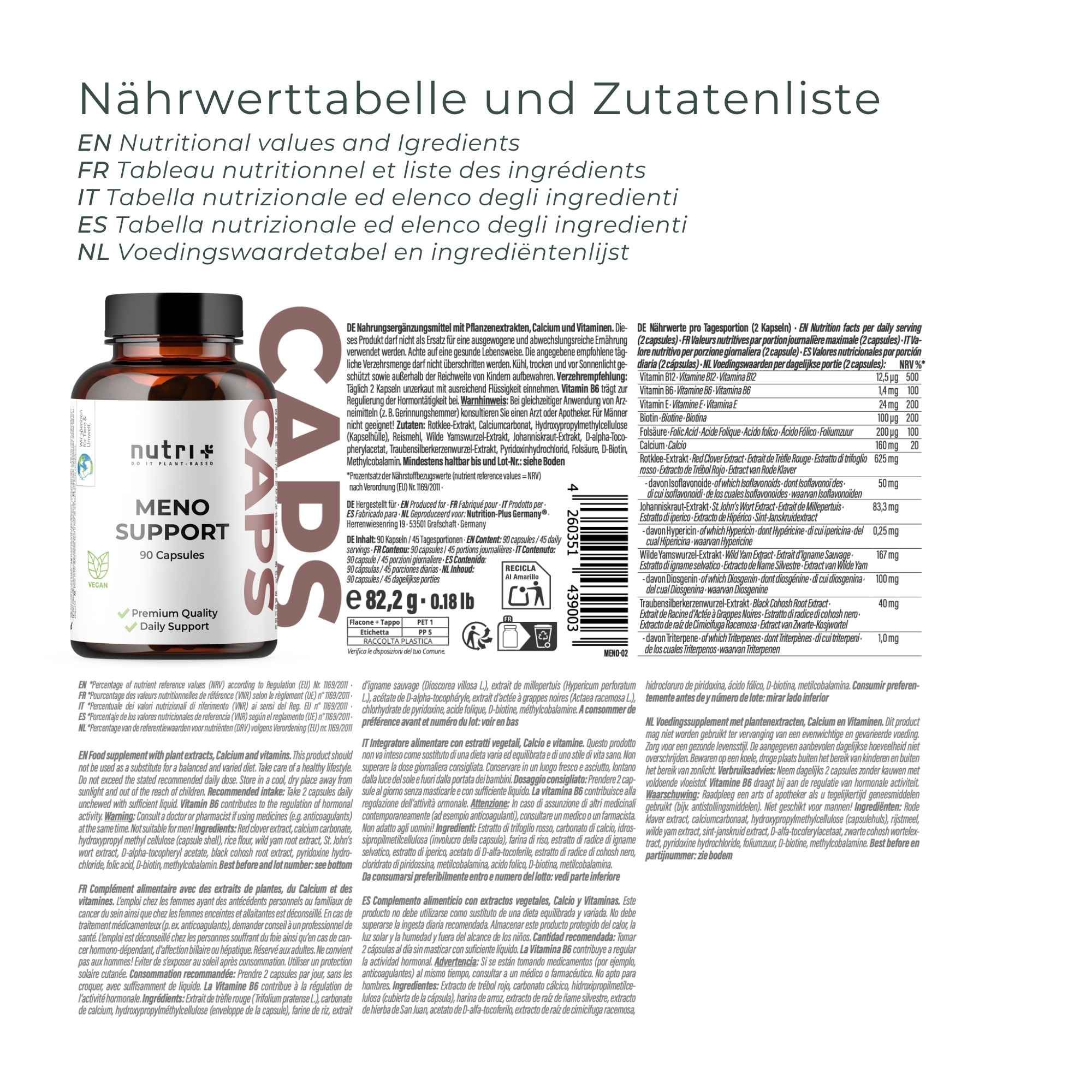 Bottiglia di capsule Meno Support, 90 capsule, 10 principi attivi, 100% vegano, assunzione giornaliera 2 capsule.