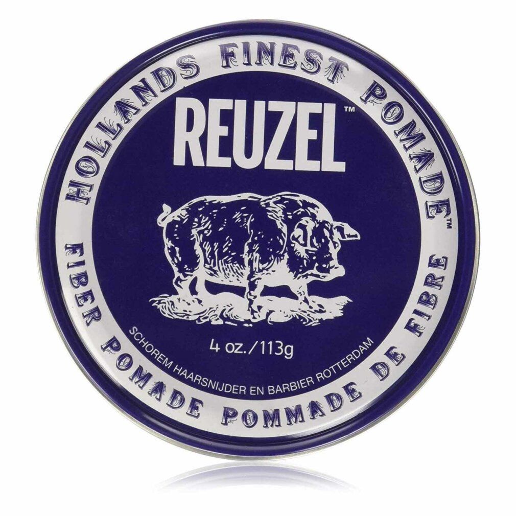 Barattolo rotondo blu con scritta Reuzel Fiber Pomade. Logo maiale e testo. Contenuto: 4 oz/113g.