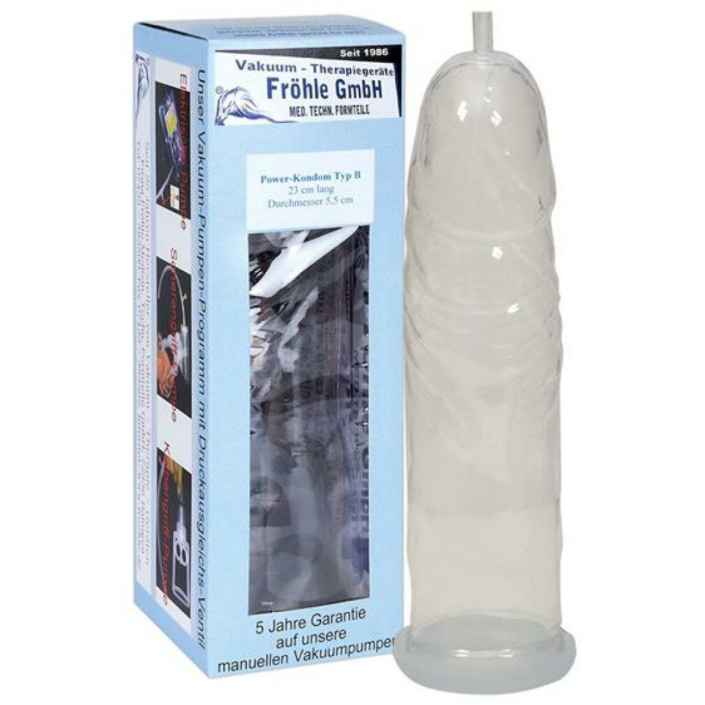 Prodotto con confezione. Cilindro accanto a scatola con testo: Vakuum-Therapiegeräte, FRÖHLE GmbH, Power-Kondom Typ B, 23 cm.