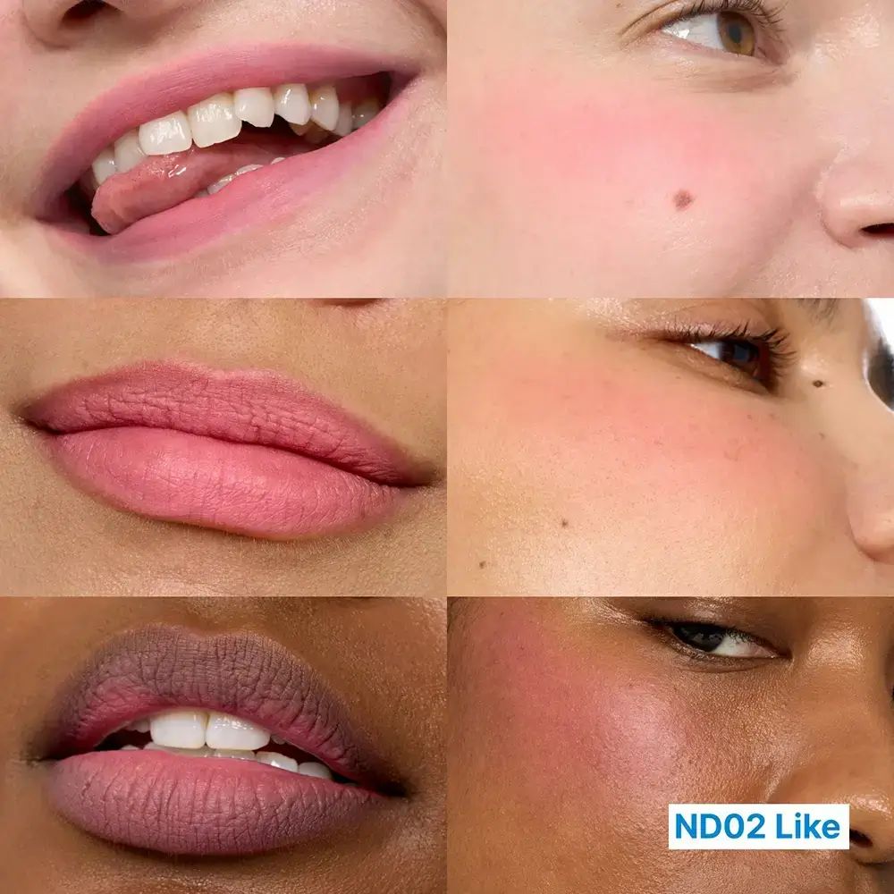 Più volti con labbra e guance rosa. Testo: ND02 Like. Diverse tonalità della pelle.
