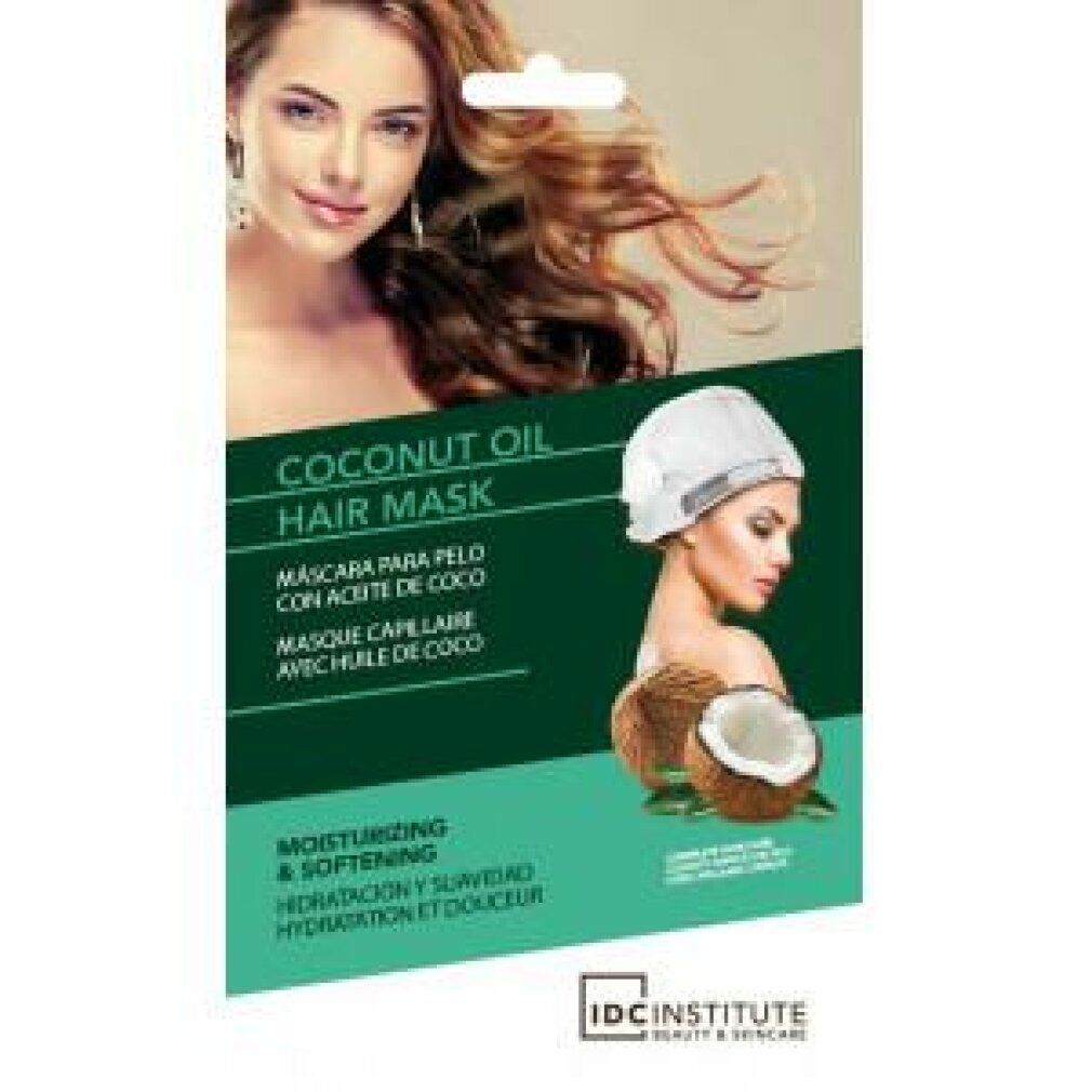 Confezione di maschera per capelli all'olio di cocco. Donna con capelli lunghi e donna con cuffia e cocco.