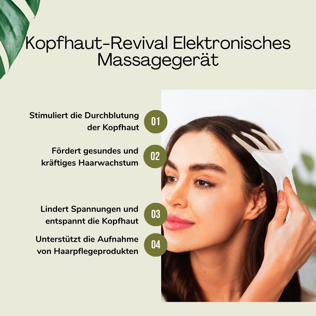 Donna con massaggiatore sulla testa. Testo: Kopfhaut-Revival Elektronisches Massagegerät. Funzioni: circolazione, crescita dei capelli, relax, assorbimento dei prodotti.