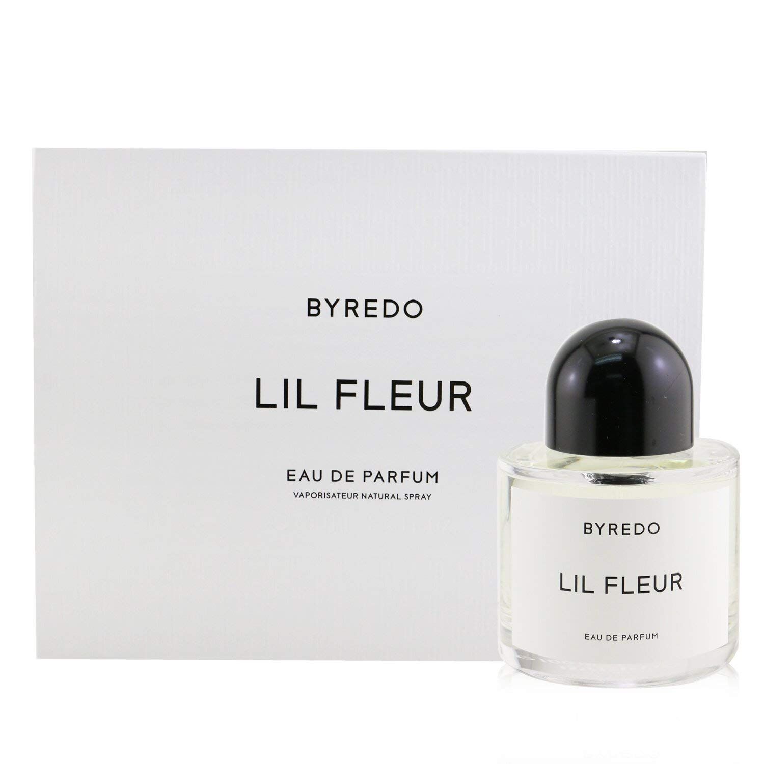 Flacone di profumo e confezione. Flacone con tappo nero. Confezione con testo: BYREDO, LIL FLEUR, Eau de Parfum.