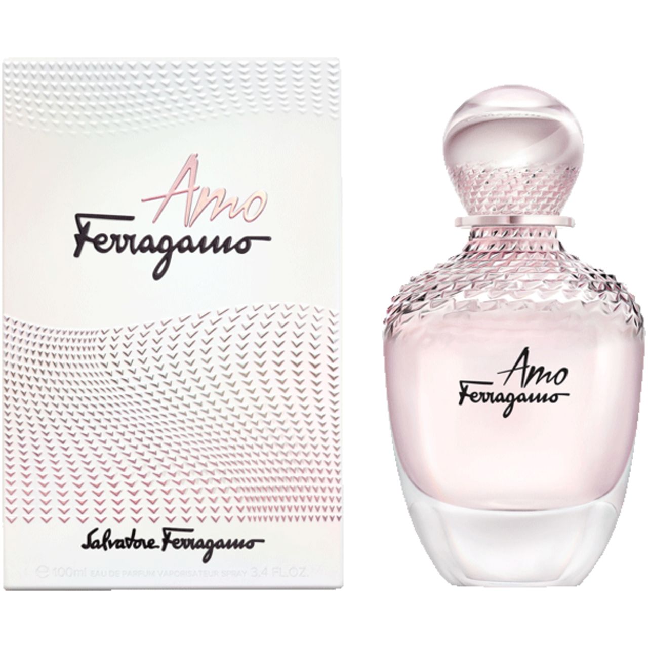 Flacone di profumo e scatola. Flacone rosa, rotondo, con tappo trasparente. Scatola bianca con scritta rosa.