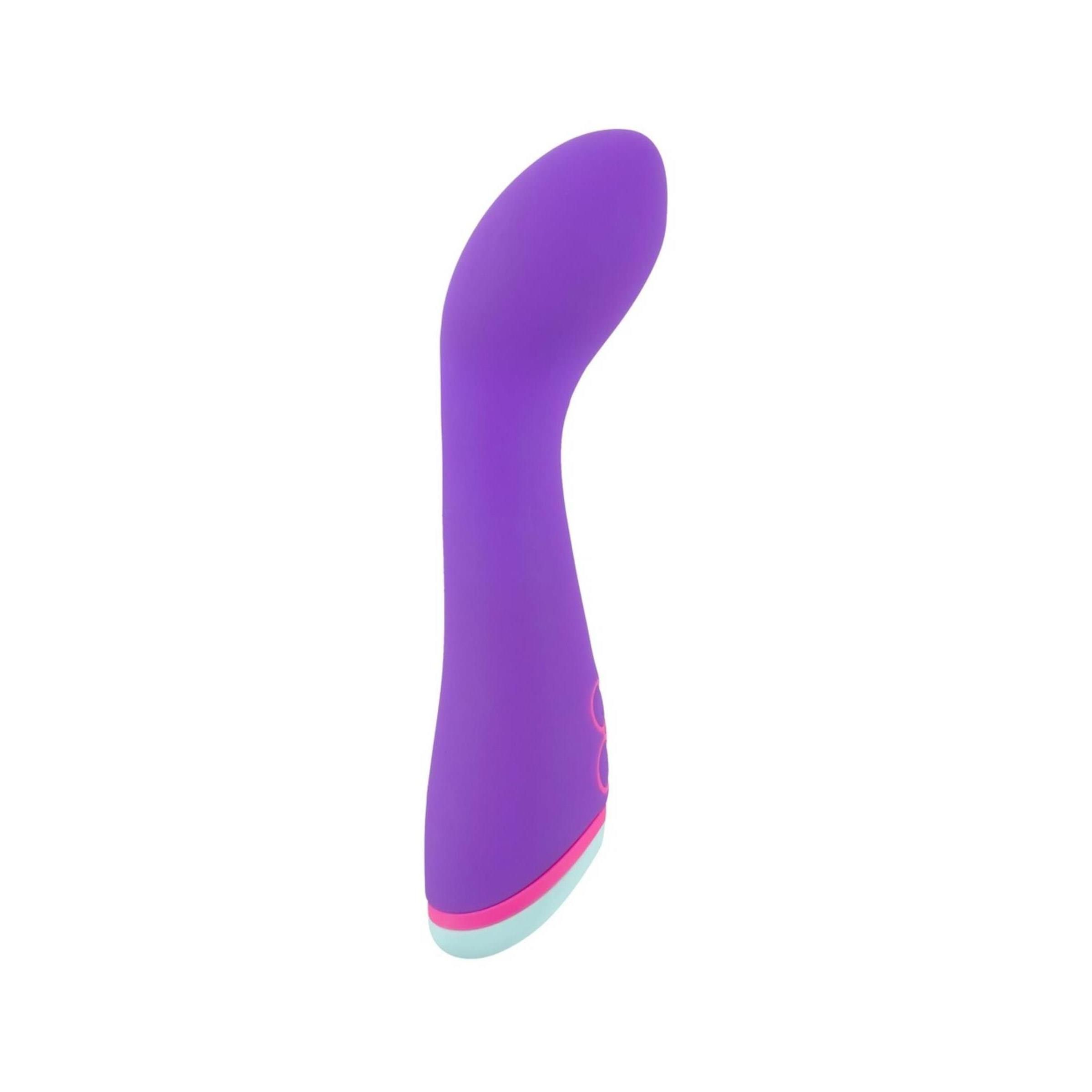 Vibratore viola curvo. Due pulsanti, accenti rosa e azzurro chiaro all'estremità.