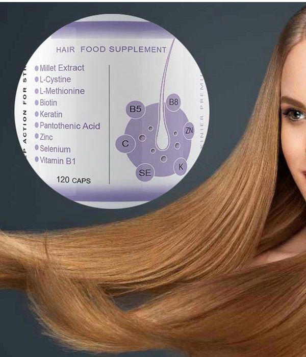 Donna con capelli lunghi. La bottiglia dice "HAIR FOOD SUPPLEMENT". Contiene ingredienti come L-cisteina, biotina e zinco.