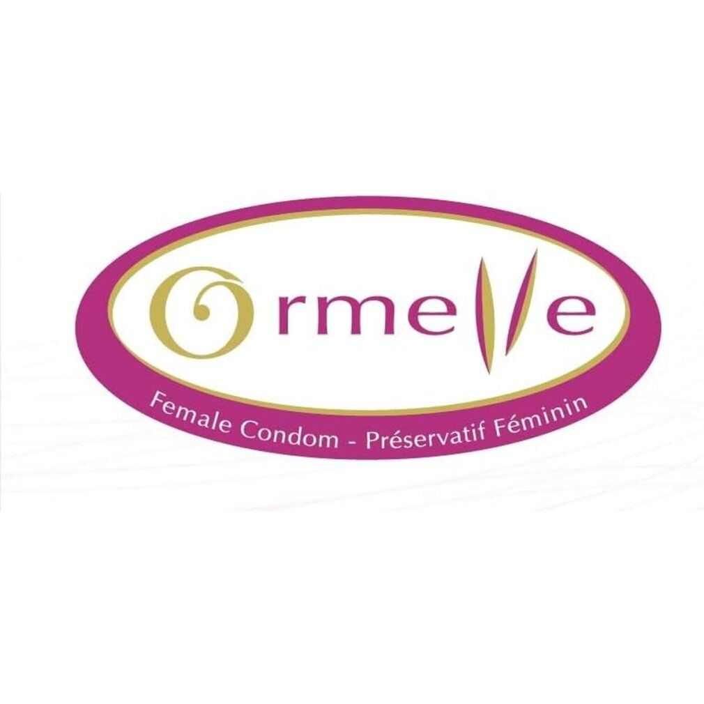 Ovale con nome del prodotto Ormelle e Female Condom - Préservatif Féminin. Colori rosa e oro.