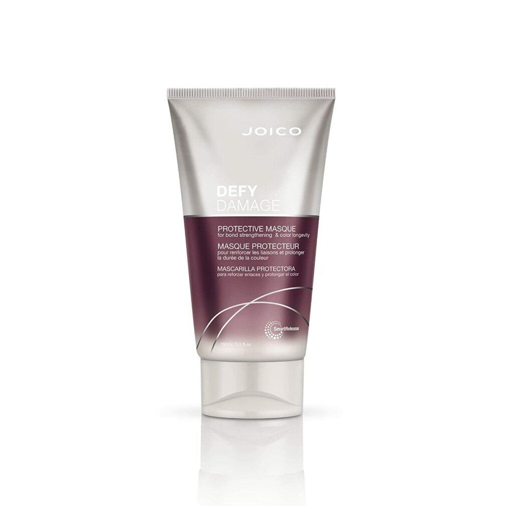 Tubo Joico Defy Damage Masque. Argento, accento viola. Testo: Protective Masque, Masque Protecteur, Mascarilla Protectora.