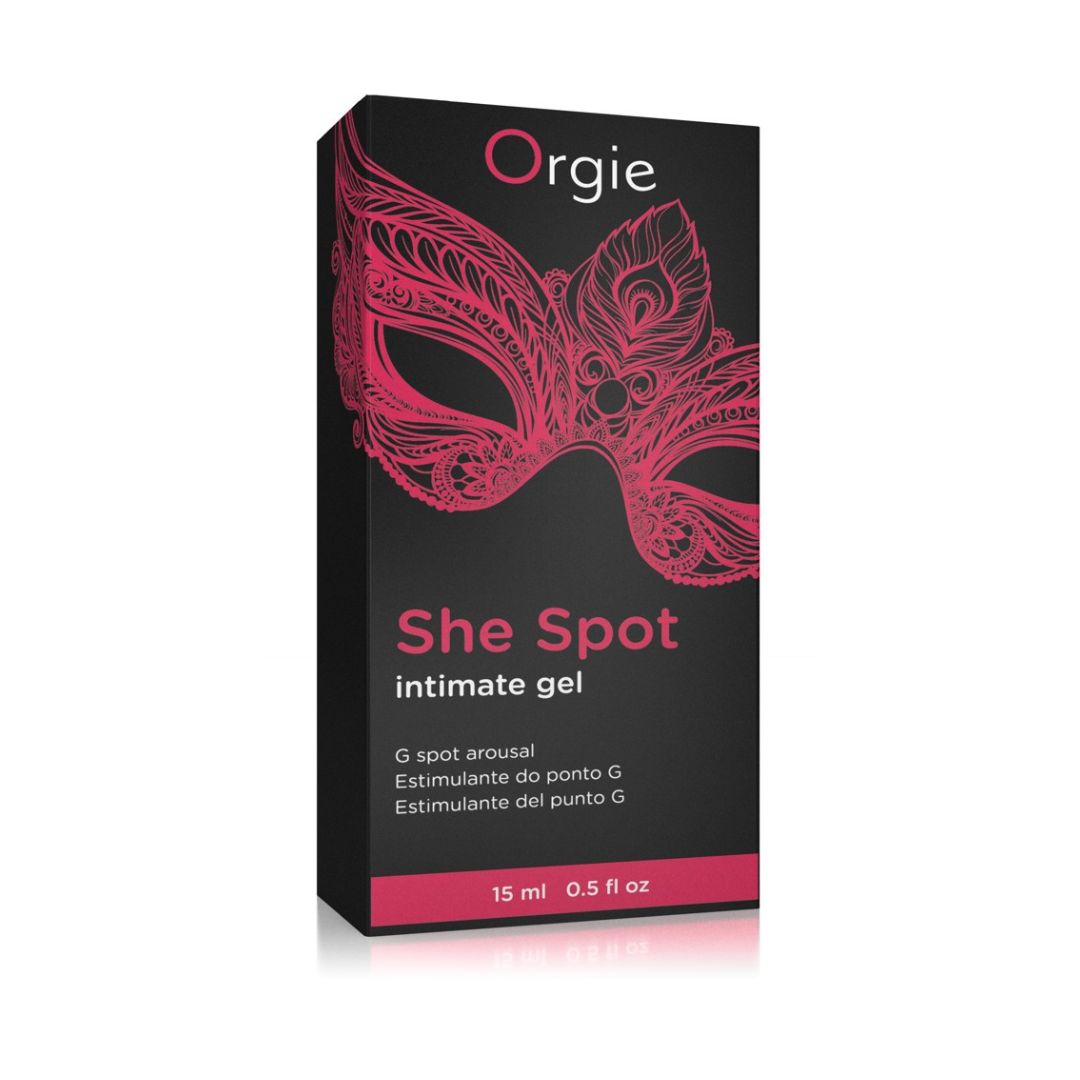 Confezione nera con design maschera rosa. Scritto: She Spot Intimate Gel. 15 ml.