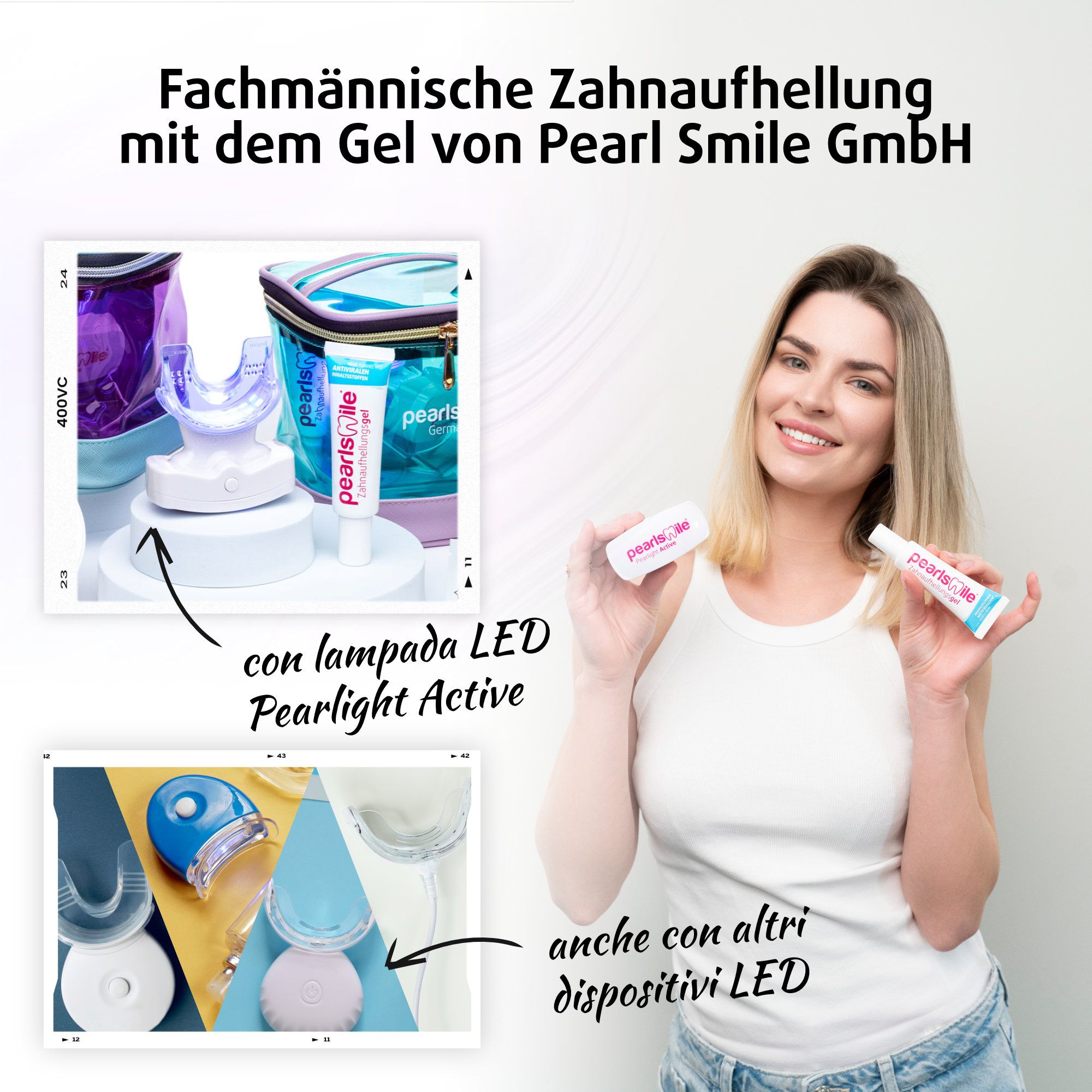 Uomo con tubetto di gel sbiancante. Nove foto di denti. Testo: Fino a 9 tonalità più chiare. Esperti con 12 anni di esperienza.