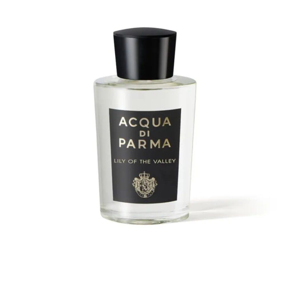 Flacone in vetro con tappo nero. Scritta: Acqua Di Parma, Lily Of The Valley. Logo. Contenuto trasparente.