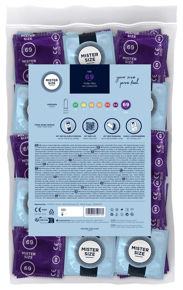 Retro di una confezione da 100 preservativi Mister Size 69 con panoramica delle taglie e informazioni.