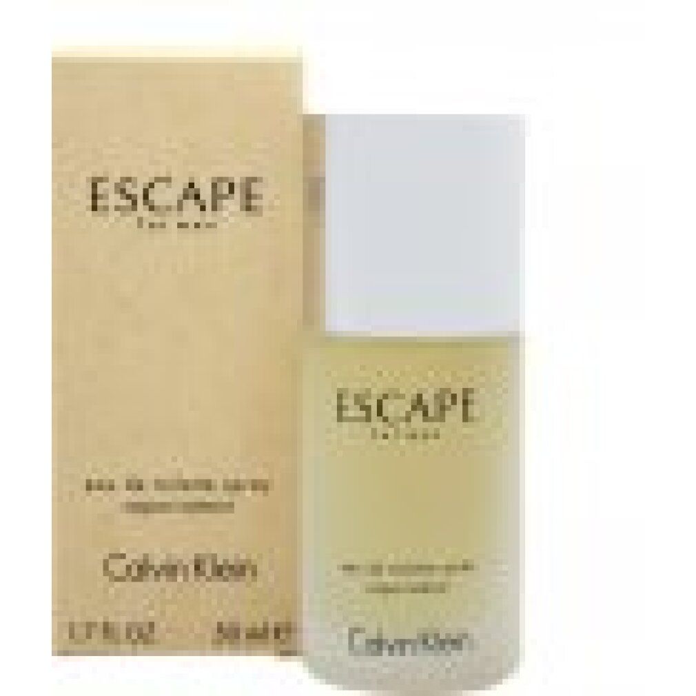 Flacone Calvin Klein Escape for men con confezione. Tappo argentato, scritta Escape for men. Sotto, Calvin Klein. Liquido giallognolo.