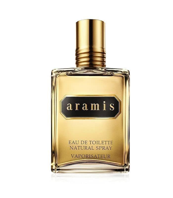 Aramis Classic Edt Spray. Flacone rettangolare con tappo dorato. Etichetta nera con testo dorato.
