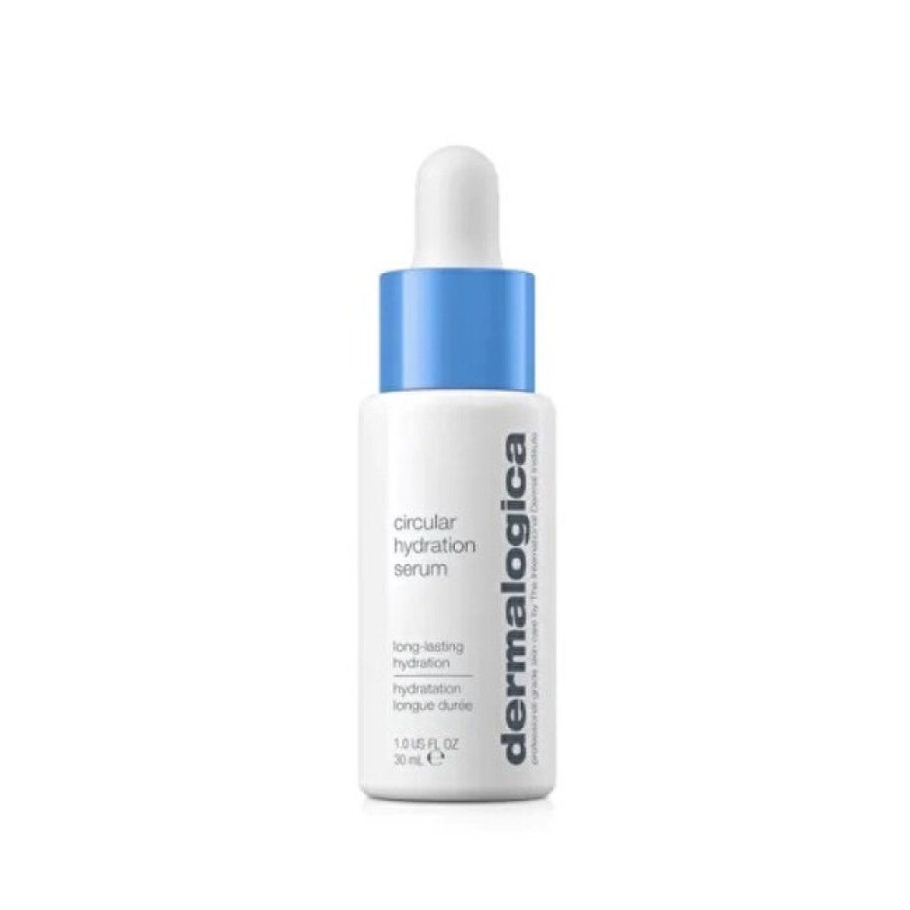 Flacone bianco con tappo blu e contagocce. Scritta: Circular Hydration Serum, Dermalogica. 30 ml.