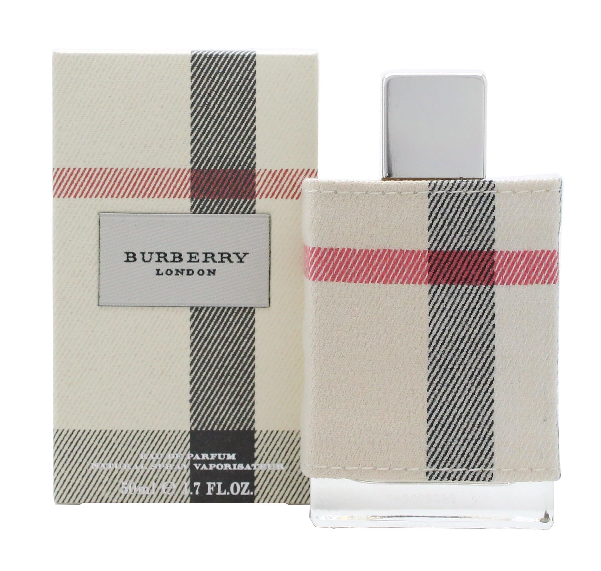 Burberry London Eau de Parfum Spray con confezione. Flacone e scatola con motivo a quadri. Testo: Burberry London.