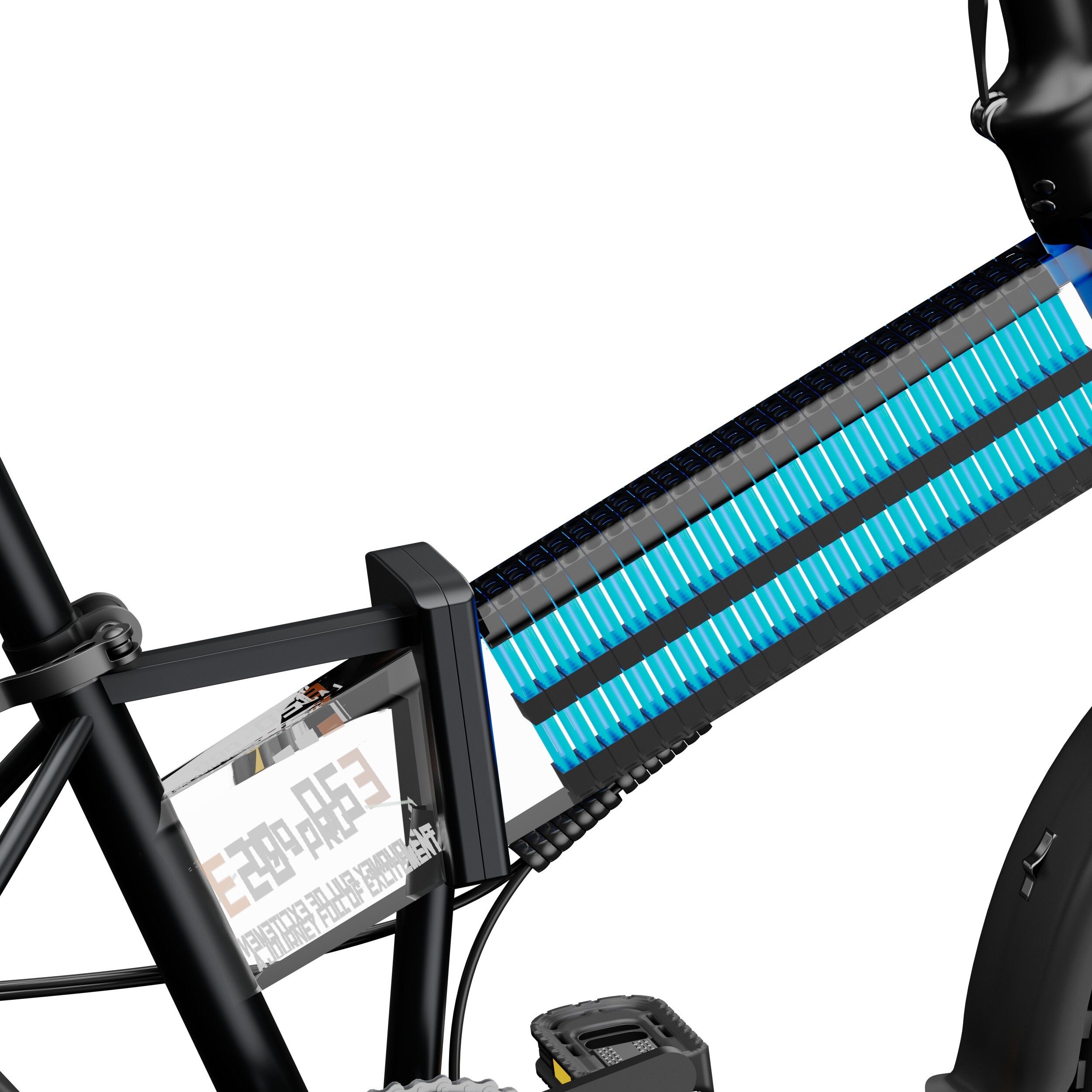 Primo piano della batteria di una bici pieghevole nera. Strisce blu visibili. Scritta "E20PRO".