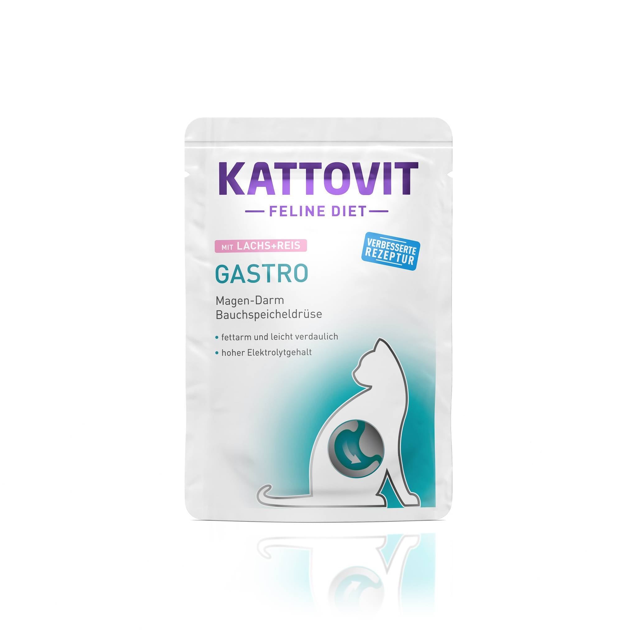 Busta bianca con logo KATTOVIT e nome prodotto GASTRO. Illustrazione di un gatto con pancreas. Testo: Gastrointestinale, a basso contenuto di grassi, facile da digerire.